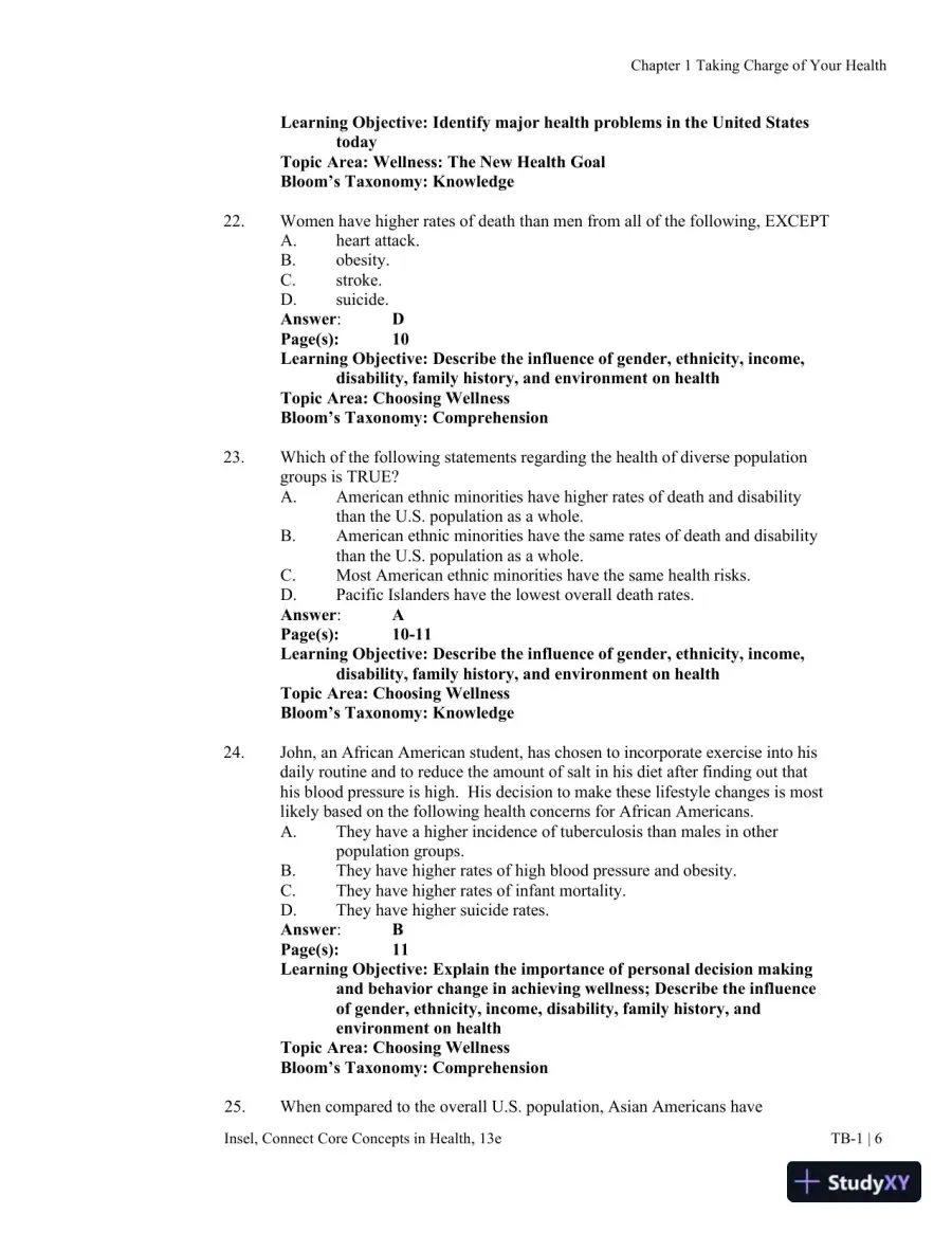 Connect Core Concepts in Health, Brief, 13th Edition Test Bank, page 7
