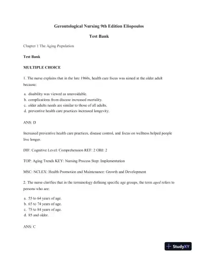 Test Bank for Gerontological Nursing, 9th Edition - Page 1 preview image