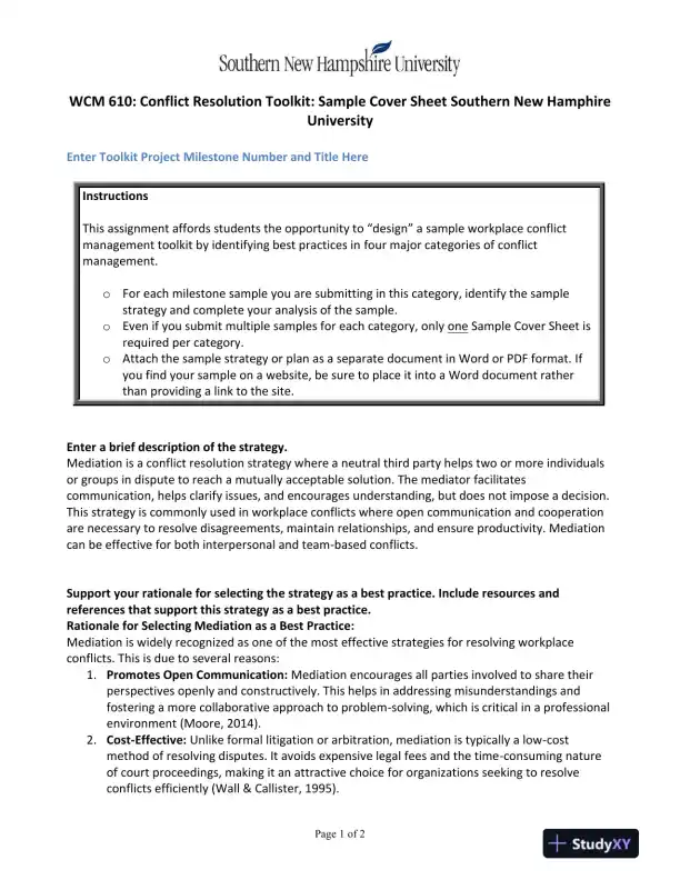 WCM 610: Conflict Resolution Toolkit: Sample Cover Sheet Southern New Hamphire University - Page 1 preview image