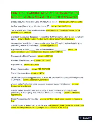 2023-2024 Portage Learning NURS251 Pharmacology Module 3 with Answers (98 Solved Questions) - Page 1 preview image