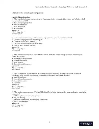 Essentials Of Sociology: A Down-To-Earth Approach, 8th Edition Test Bank - Page 3 preview image