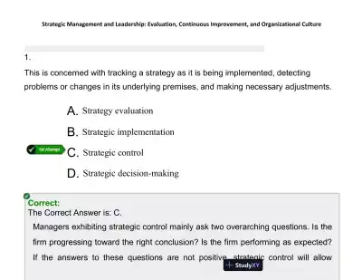 Strategic Management and Leadership: Evaluation, Continuous Improvement, and Organizational Culture - Page 1 preview image