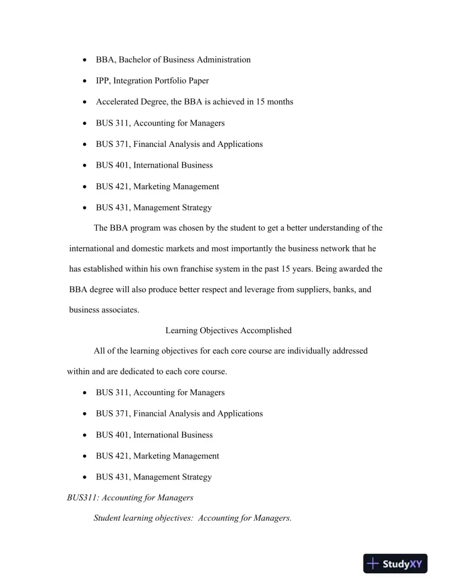 INTEGRATED PORTFOLIO: BACHELOR OF BUSINESS ADMINISTRATION Baker College, page 9