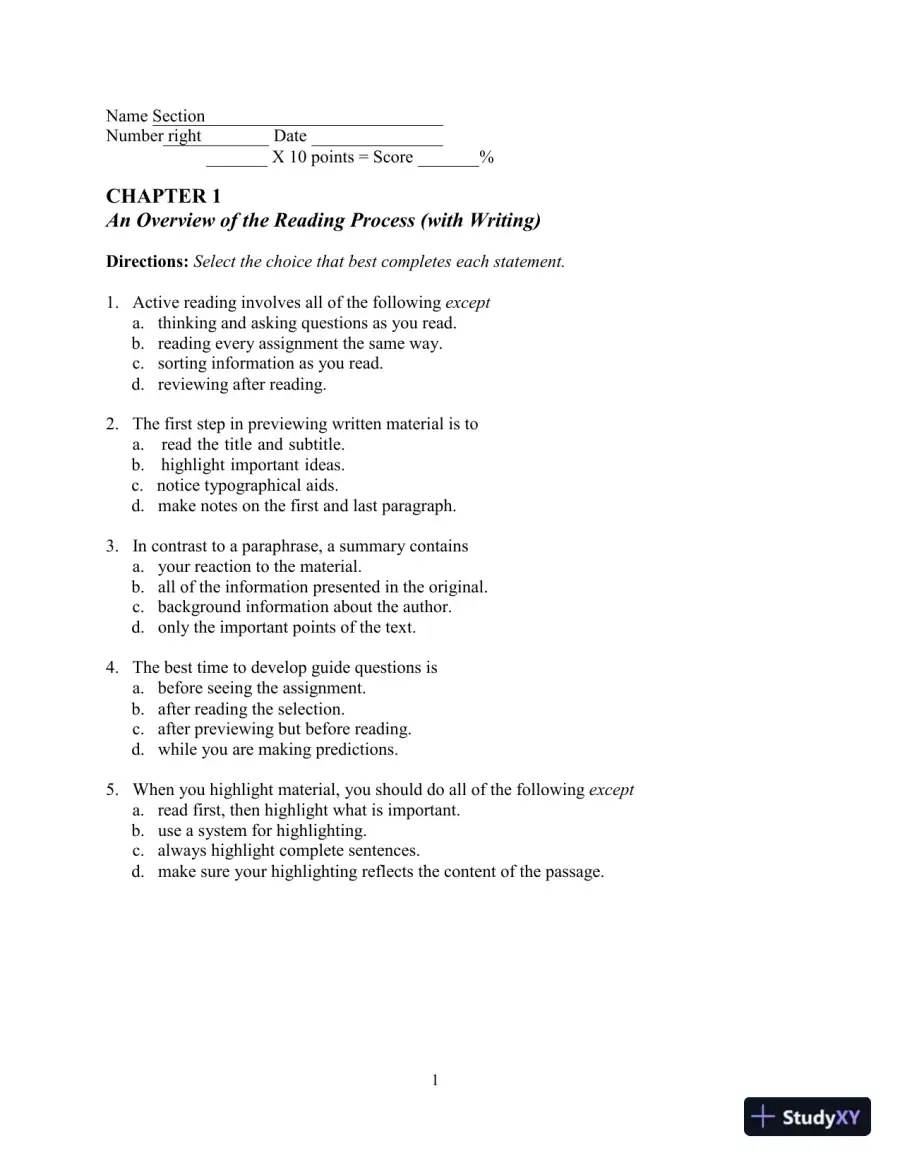 Test Bank for In Harmony: Reading and Writing , 3rd Edition, page 6