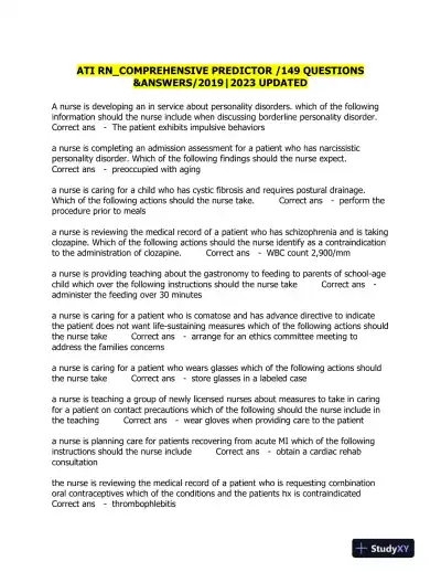 2019-2023 ATI RN Psychology Comprehensive Predictor Exam With Answers (150 Solved Questions) - Page 1 preview image