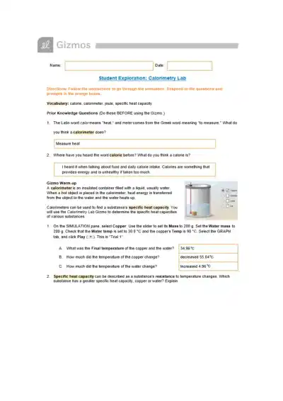 H Gizmos Worksheet CalorimetryLab - Page 1 preview image