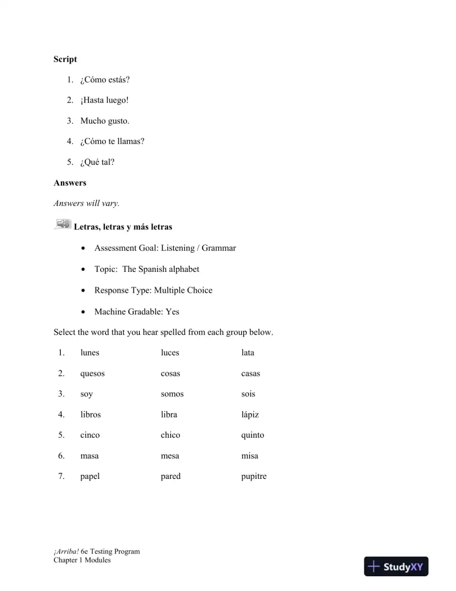 Test Bank for �Arriba!: Comunicaci�n y cultura, 6th Edition, page 10
