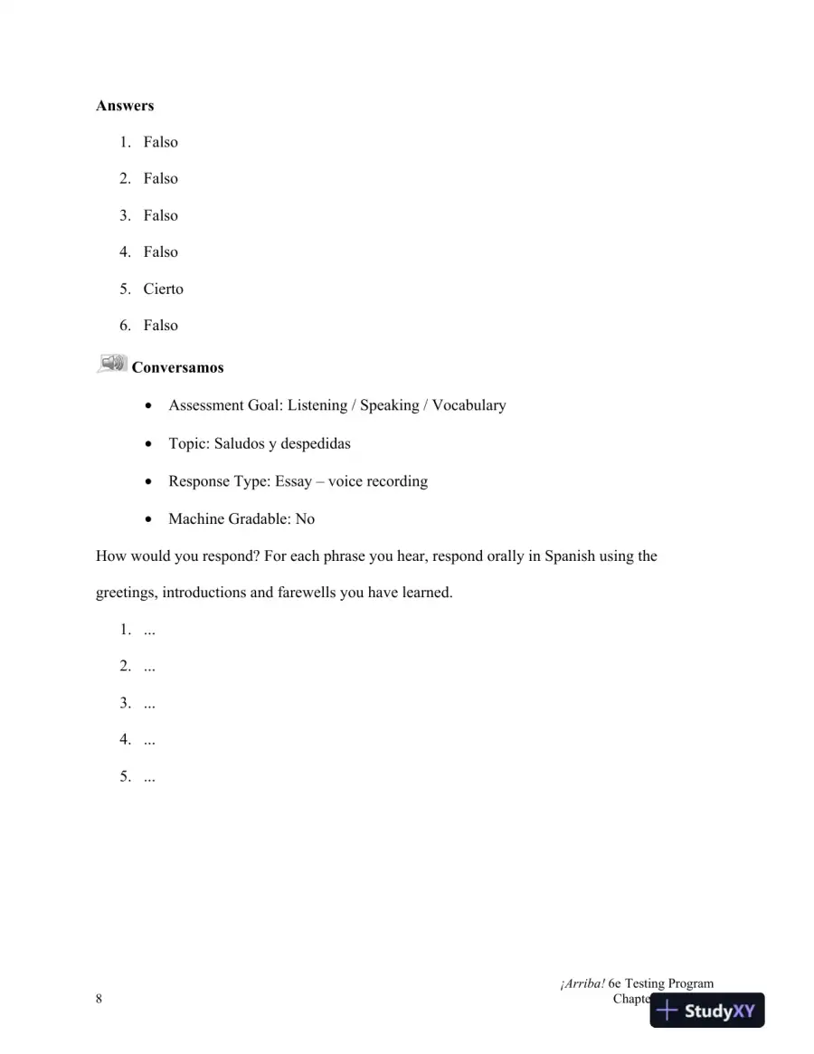 Test Bank for �Arriba!: Comunicaci�n y cultura, 6th Edition, page 9