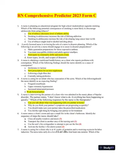 2023 RN Comprehensive Predictor Form C with Answers (180 Solved Questions) - Page 1 preview image