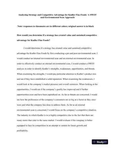 Analyzing Strategy and Competitive Advantage for Kudler Fine Foods: A SWOT and Environmental Scan Approach - Page 1 preview image