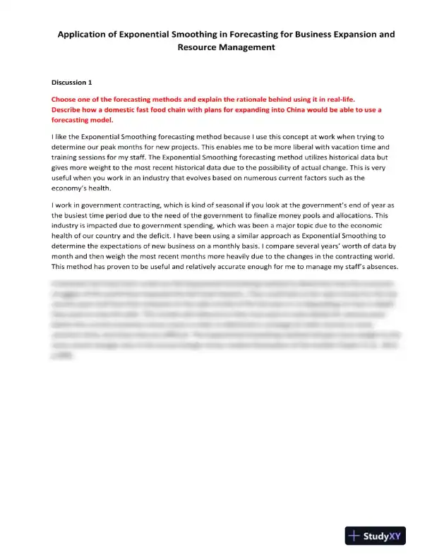 Application of Exponential Smoothing in Forecasting for Business Expansion and Resource Management - Page 1 preview image