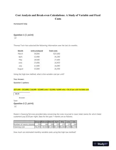 Cost Analysis and Break-even Calculations: A Study of Variable and Fixed Costs - Page 1 preview image