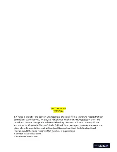 ATI RN Maternity Proctored Exam With NGN Version 4 With Answers (30 Solved Questions) - Page 1 preview image