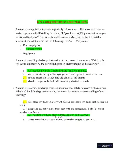 2023 RN Comprehensive Predictor with Answers (181 Solved Questions) - Page 1 preview image