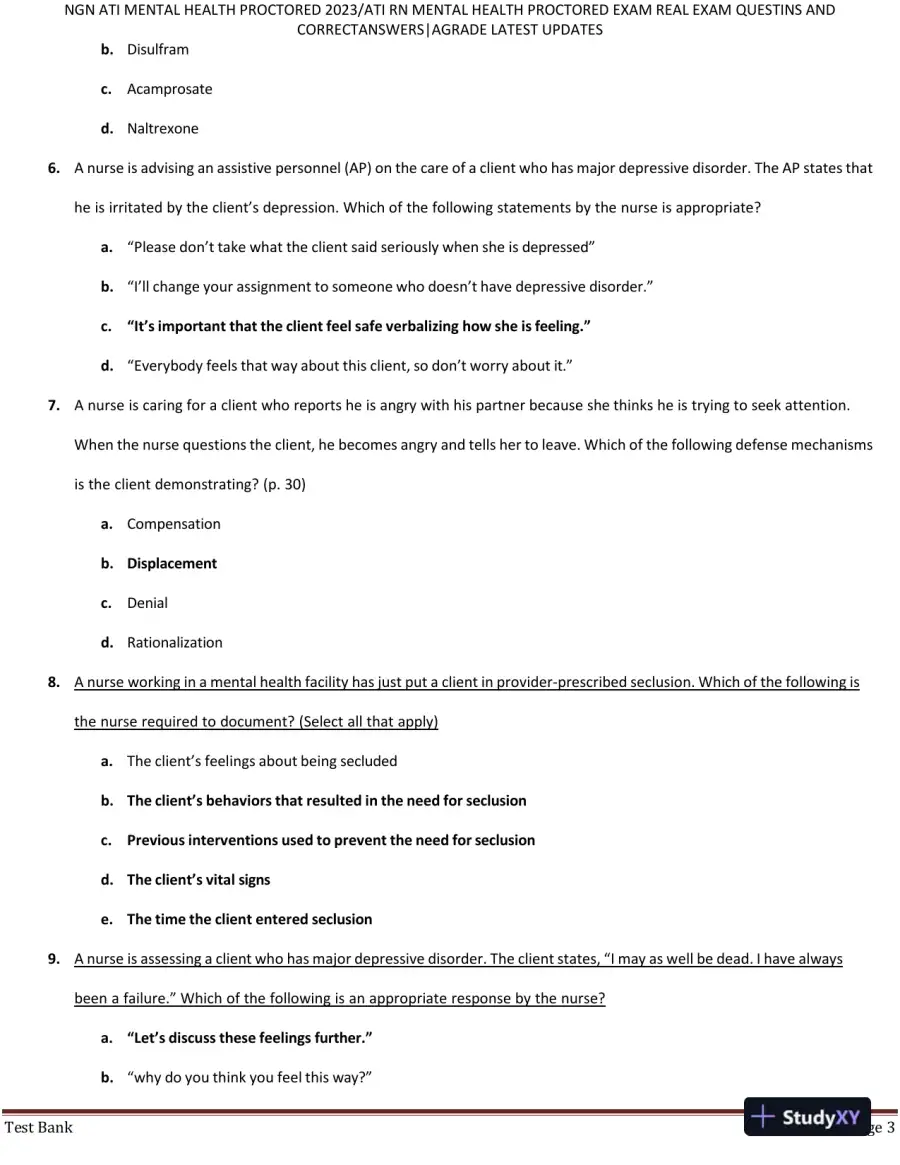 2023 ATI RN Mental Health Proctored Real Exam with Answers (70 Solved Questions), page 4