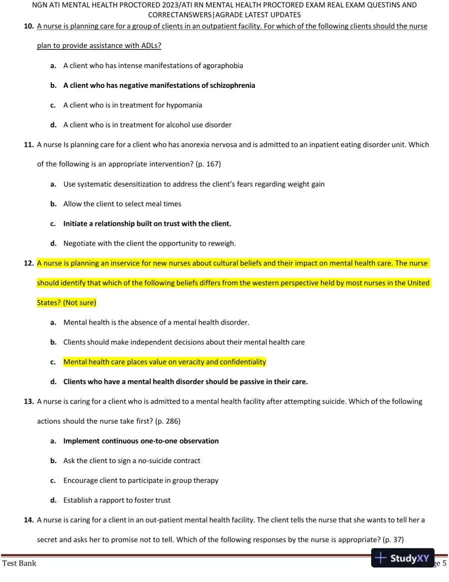 2023 ATI RN Mental Health Proctored Real Exam with Answers (70 Solved Questions), page 6