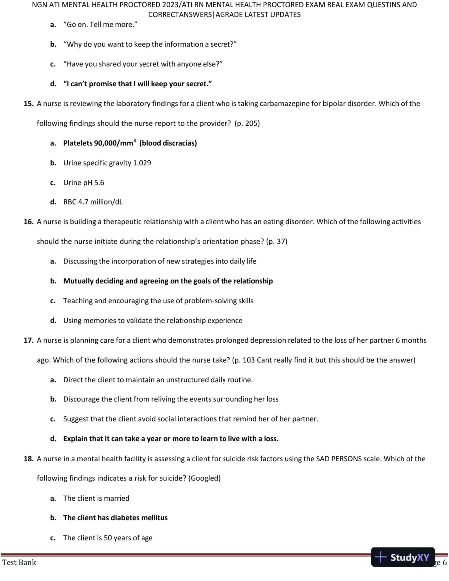 2023 ATI RN Mental Health Proctored Real Exam with Answers (70 Solved Questions), page 7