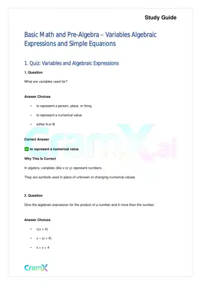 Basic Math and Pre-Algebra - Variables Algebraic Expressions and Simple Equations - Page 1 preview image