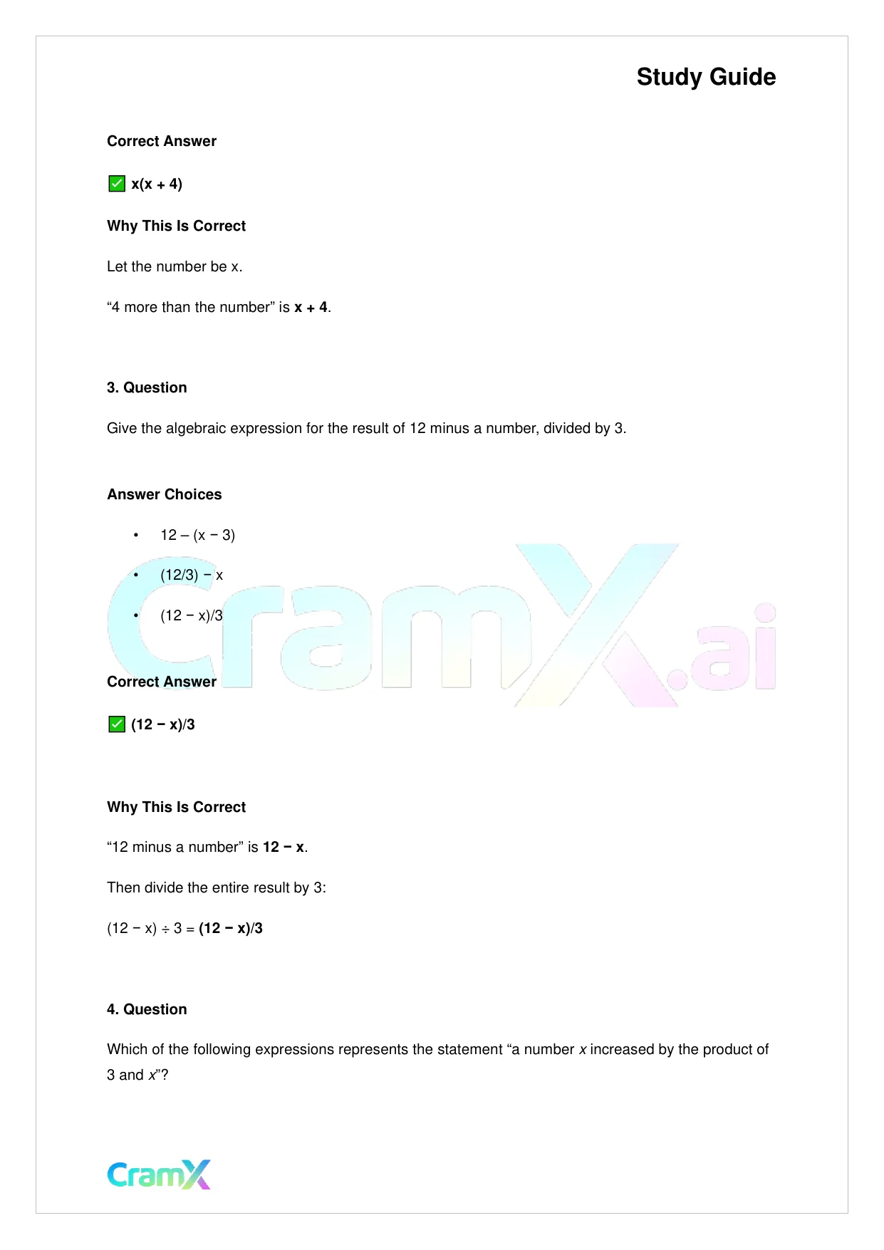 Basic Math and Pre-Algebra - Variables Algebraic Expressions and Simple Equations - Page 2 preview image
