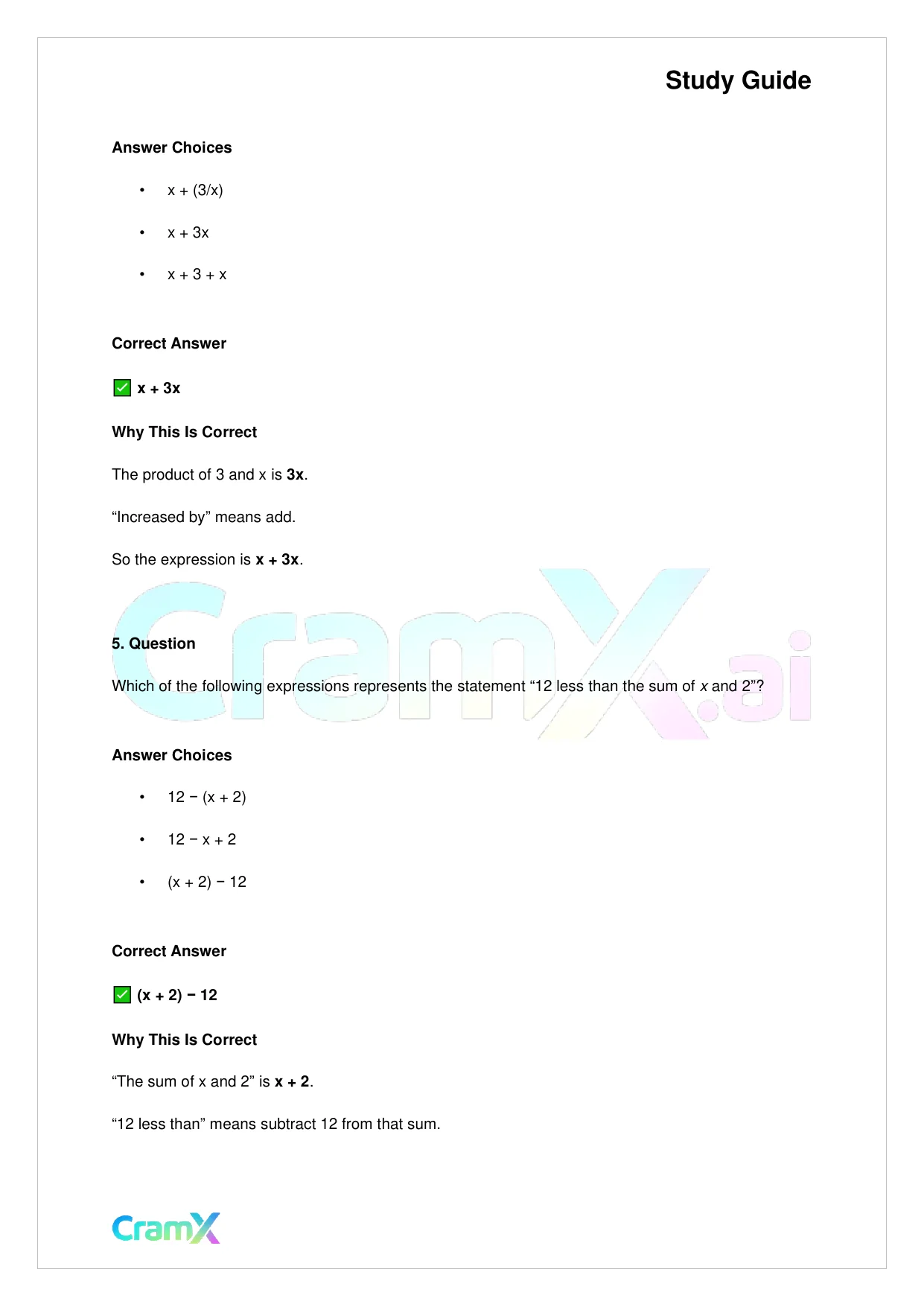 Basic Math and Pre-Algebra - Variables Algebraic Expressions and Simple Equations - Page 3 preview image