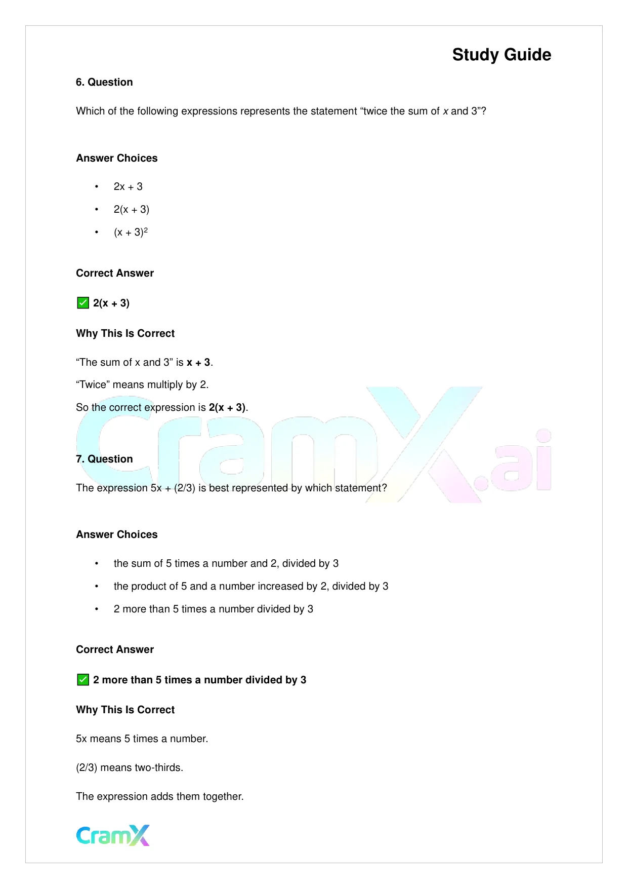 Basic Math and Pre-Algebra - Variables Algebraic Expressions and Simple Equations - Page 4 preview image