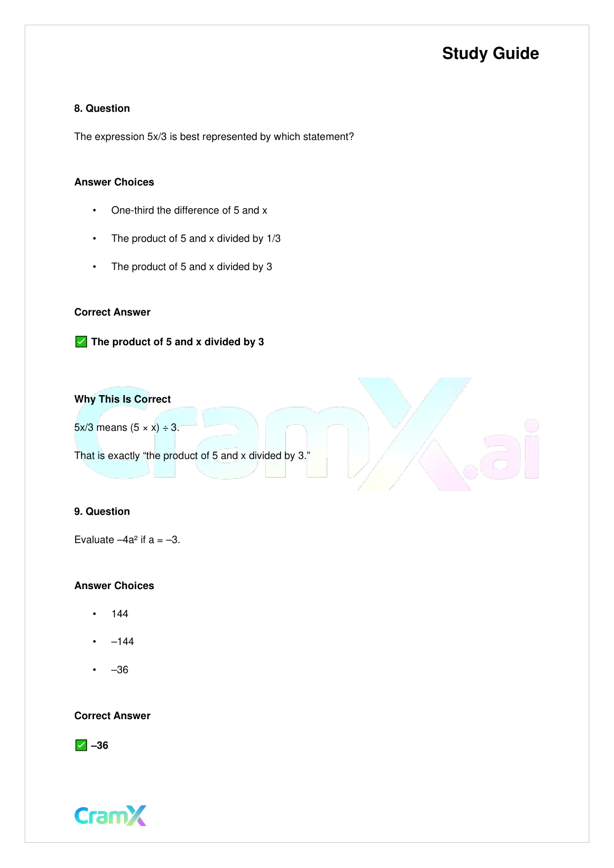 Basic Math and Pre-Algebra - Variables Algebraic Expressions and Simple Equations - Page 5 preview image