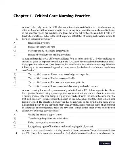 Test Bank For Critical Care Nursing: A Holistic Approach, 10th Edition - Page 1 preview image