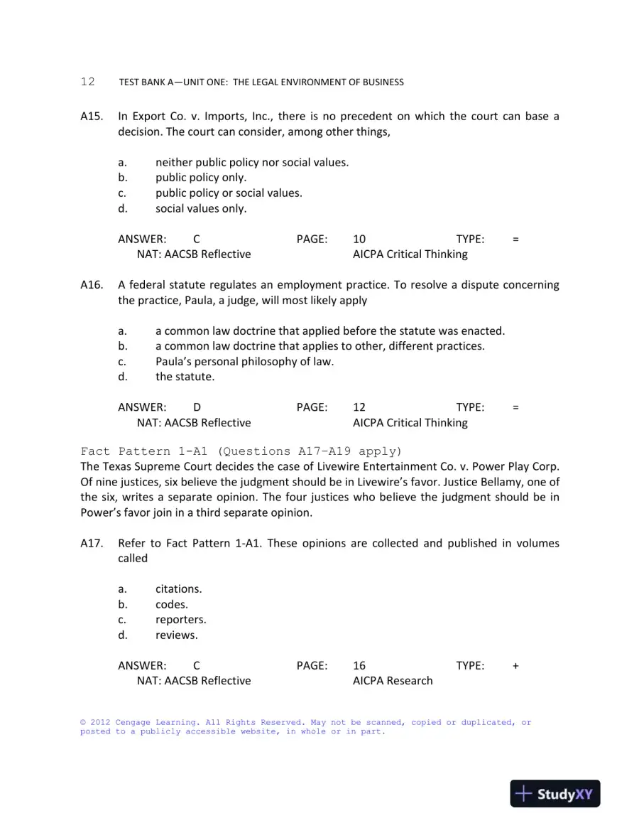 Test Bank For Business Law: Text And Cases: Legal, Ethical, Global, And Corporate Environment, 12th Edition, page 13