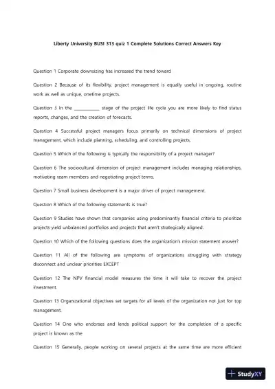 Liberty University BUSI 313 Quiz 1 Complete Solutions Correct Answers Key - Page 1 preview image