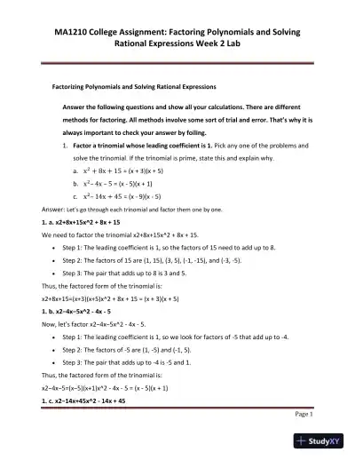 MA1210 College Assignment: Factoring Polynomials And Solving Rational Expressions Week 2 Lab - Page 1 preview image