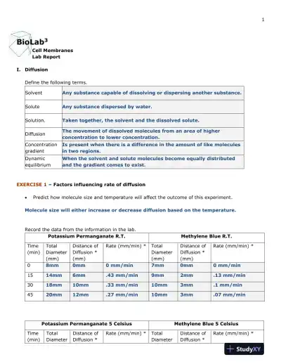 Bio Lab 3 Cell Membranes Lab Report - Page 1 preview image