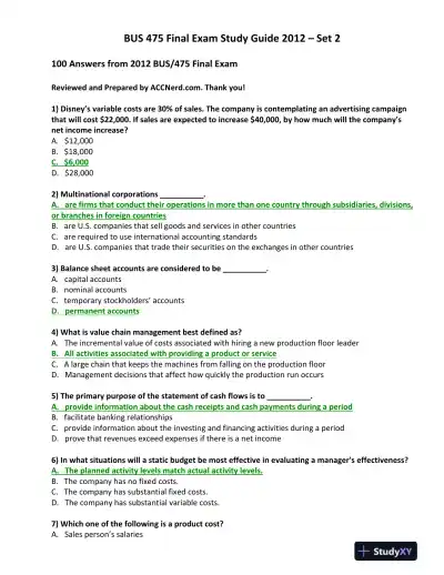 BUS 475 Final Exam Study Guide 2012 � Set 2 - Page 1 preview image