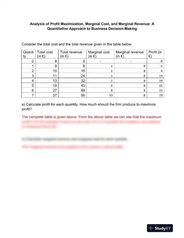 Analysis of Profit Maximization, Marginal Cost, and Marginal Revenue: A Quantitative Approach to Business Decision-Making - Page 1 preview image