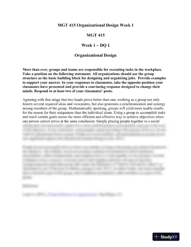 MGT 415 Organizational Design Week 1 - Page 1 preview image