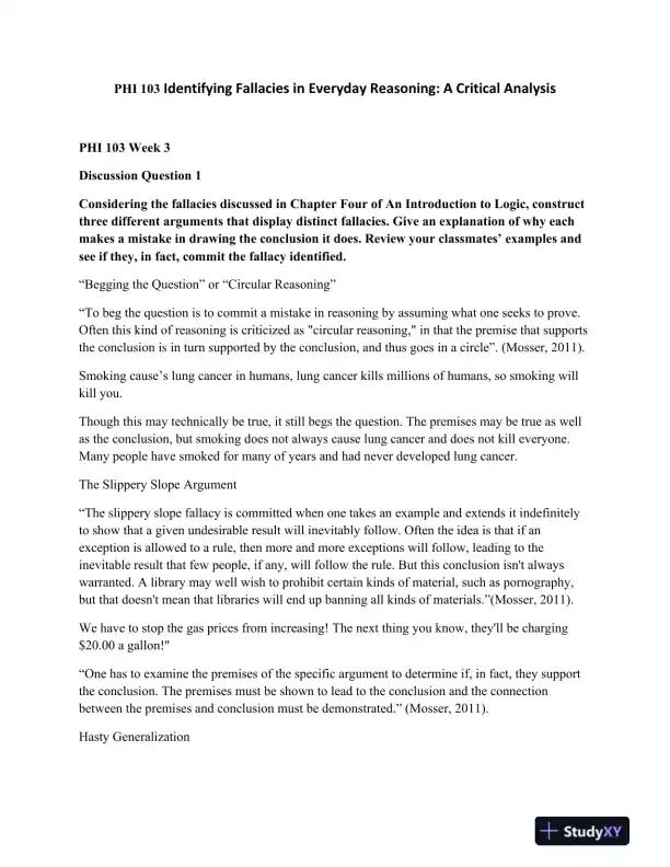 PHI 103 Identifying Fallacies in Everyday Reasoning: A Critical Analysis - Page 1 preview image