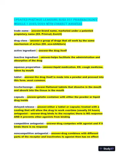 2023-2024 Updated Portage Learning NURS251 Pharmacology Module 1 with Answers (78 Solved Questions) - Page 1 preview image