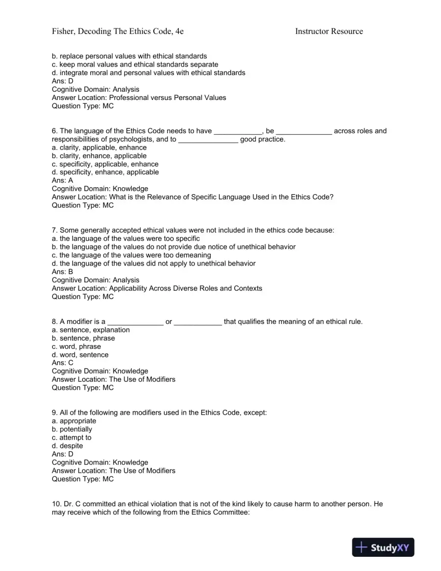 Decoding the Ethics Code: A Practical Guide for Psychologists Fourth Edition Test Bank, page 11