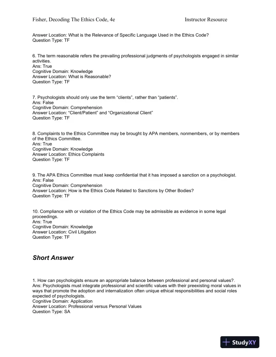 Decoding the Ethics Code: A Practical Guide for Psychologists Fourth Edition Test Bank, page 16