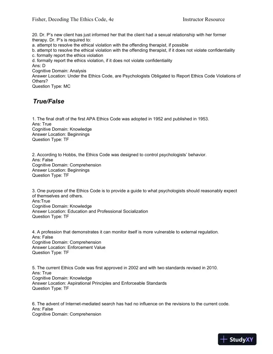 Decoding the Ethics Code: A Practical Guide for Psychologists Fourth Edition Test Bank, page 6