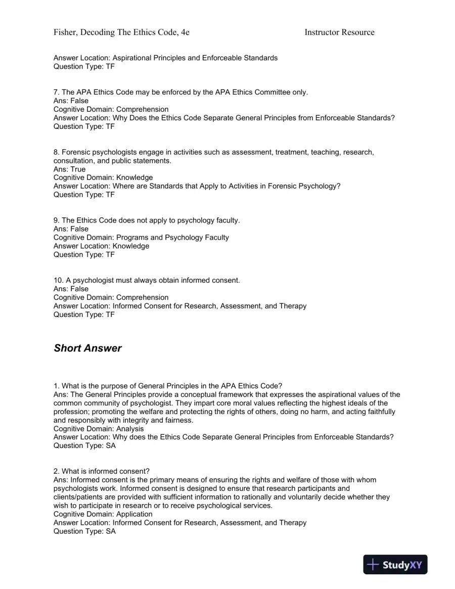 Decoding the Ethics Code: A Practical Guide for Psychologists Fourth Edition Test Bank, page 7