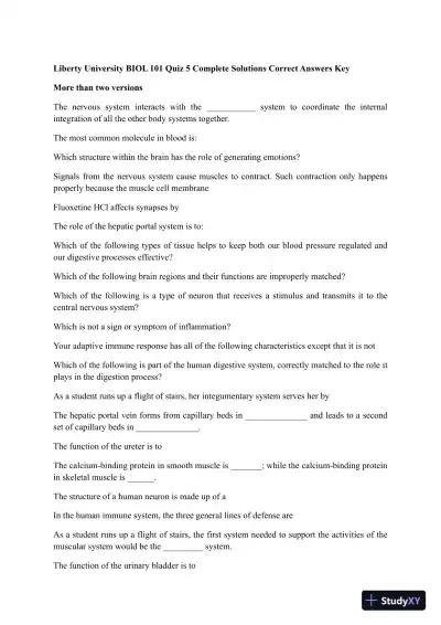 Liberty University BIOL 101 Quiz 5 Complete Solutions Correct Answers Key - Page 1 preview image