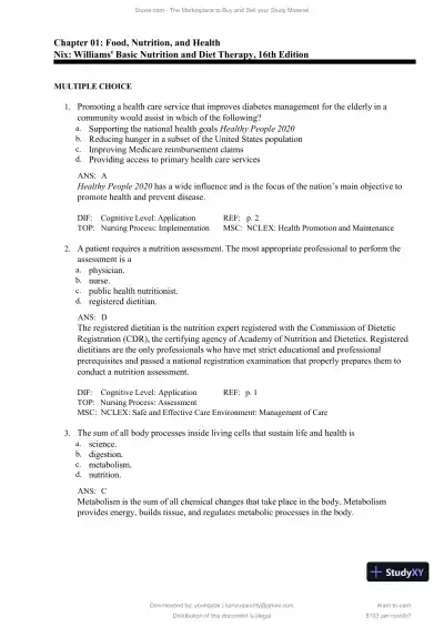 Test Bank for Williams' Basic Nutrition and Diet Therapy, 16th Edition (Chapters 1-23) - Page 1 preview image