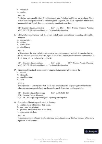 Test Bank for Williams' Basic Nutrition and Diet Therapy, 16th Edition (Chapters 1-23) - Page 17 preview image