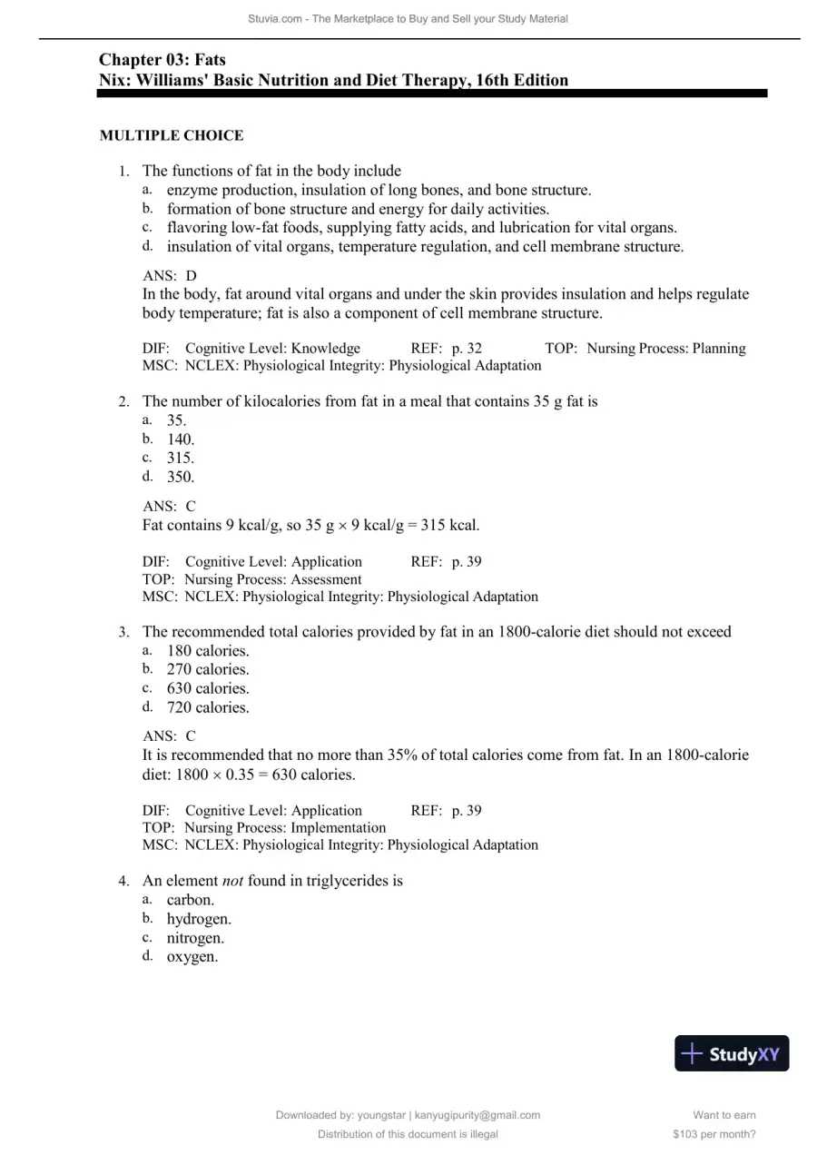 Test Bank for Williams' Basic Nutrition and Diet Therapy, 16th Edition (Chapters 1-23), page 22