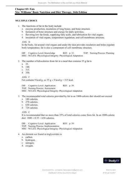 Test Bank for Williams' Basic Nutrition and Diet Therapy, 16th Edition (Chapters 1-23) - Page 22 preview image
