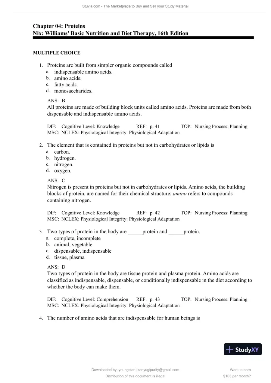 Test Bank for Williams' Basic Nutrition and Diet Therapy, 16th Edition (Chapters 1-23), page 31