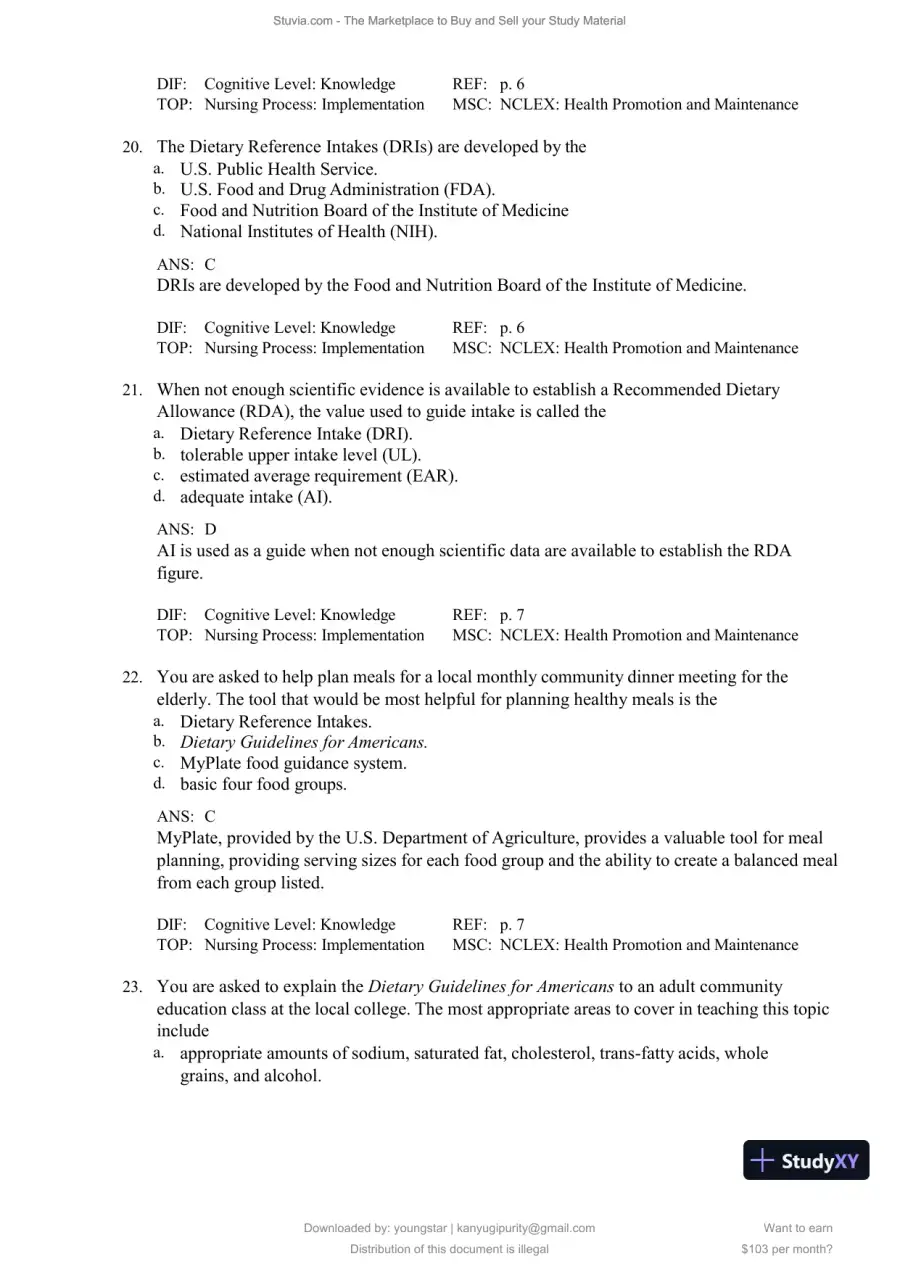 Test Bank for Williams' Basic Nutrition and Diet Therapy, 16th Edition (Chapters 1-23), page 8