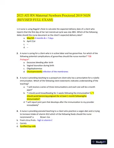 2019 ATI RN Maternal Newborn Proctored Exam NGN With Answers (70 Solved Questions) - Page 1 preview image