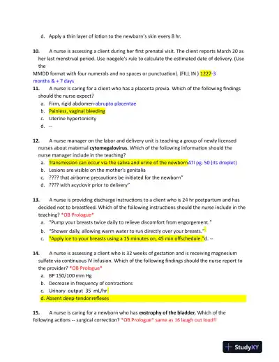 2019 ATI RN Maternal Newborn Proctored Exam NGN With Answers (70 Solved Questions) - Page 4 preview image