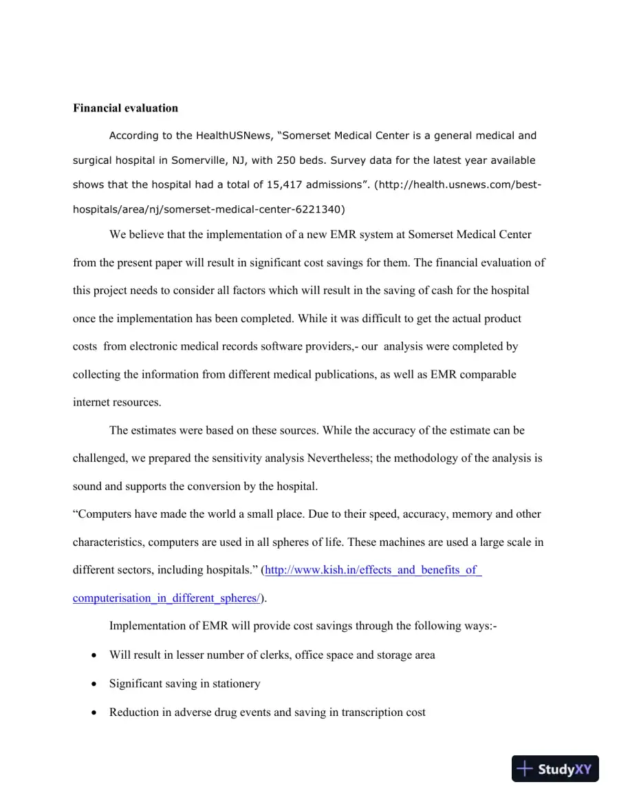 Financial Evaluation And Cost-Benefit Analysis Of Electronic Medical Record (EMR) Implementation At Somerset Medical Center, page 3
